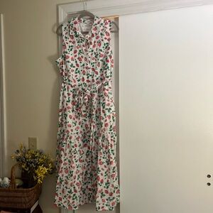 J. Crew White Sleeveless Floral Tie-Waist Maxi Dress with strawberries size 18